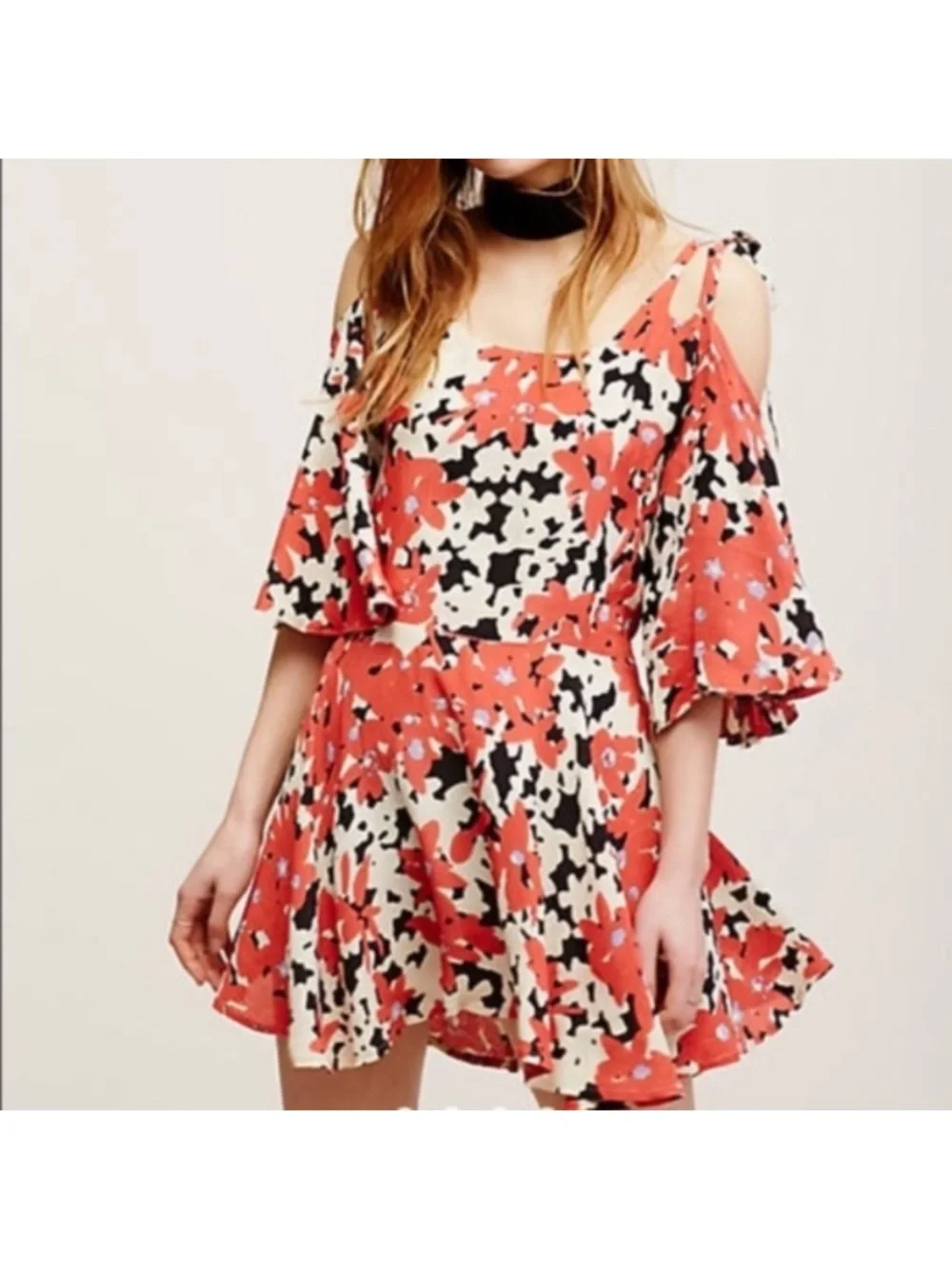 Free People One Lucina Floral Tie-Shoulder Flutter Sleeve Top in Red and Cream